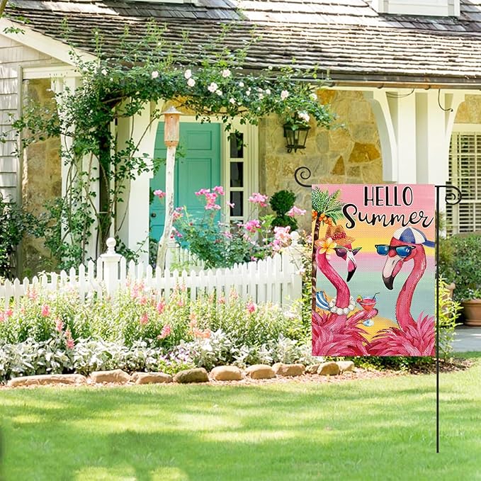 AVOIN colorlife Flamingo Hello Summer Garden Flag 12x18 Inch Double Sided, Welcome Seasonal Holiday Burlap Yard Outdoor Decoration