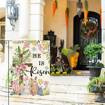 AVOIN colorlife He Is Risen Easter Garden Flag 12x18 Inch Double Sided Outside, Bunnies Flowers Cross Yard Outdoor Decoration