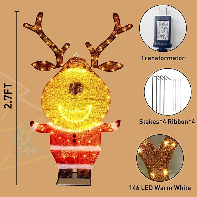 EAMBRITE Lighted Reindeer Christmas Decorations Outdoor, Animated Deer with Motion Sensor & Music, 2-in-1 Yard Stake Hanging Wall Decor for Indoor Holiday Decorations, Outside Yard Patio Home Decor