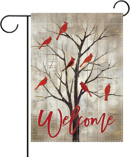 Vintage Cardinal Tree Welcome Decorative Garden Flag, Retro Memorial Red birds Small Yard Outside Decorations, Farmhouse Rustic Burlap Outdoor Home Decor Double Sided 12 x 18