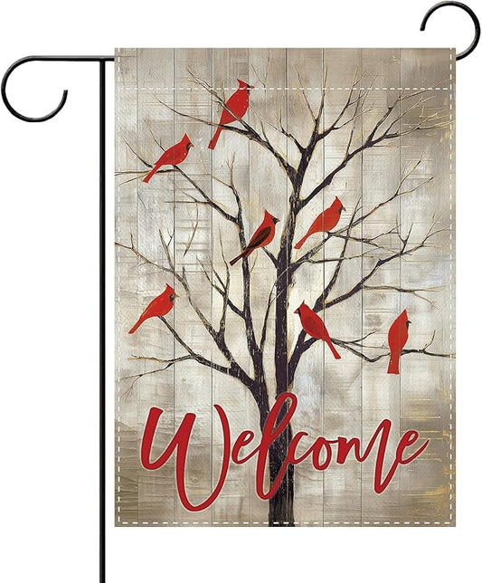Vintage Cardinal Tree Welcome Decorative Garden Flag, Retro Memorial Red birds Small Yard Outside Decorations, Farmhouse Rustic Burlap Outdoor Home Decor Double Sided 12 x 18