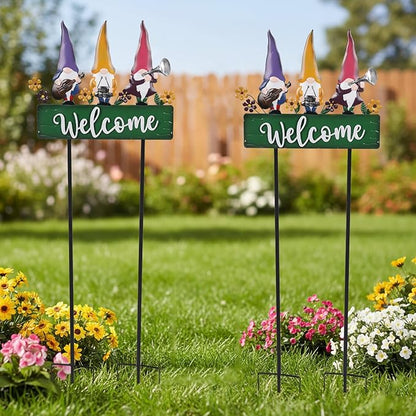 Spring Gnomes Decorations for Yard with Garden Welcome Sign, Large 43.3inch Musical Gnome Decorative Garden Stakes Metal Yard Art for Outdoor Lawn Decorations