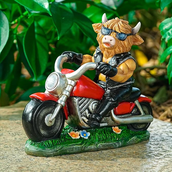 Joint Honglin Decorative Highland Cow on Motorcycle Statue with LED Headlight - Rustic Outdoor Garden Ornament, Biker Cow Figurine for Yard, Patio, or Home Decor Gifts
