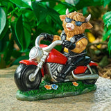 Joint Honglin Decorative Highland Cow on Motorcycle Statue with LED Headlight - Rustic Outdoor Garden Ornament, Biker Cow Figurine for Yard, Patio, or Home Decor Gifts