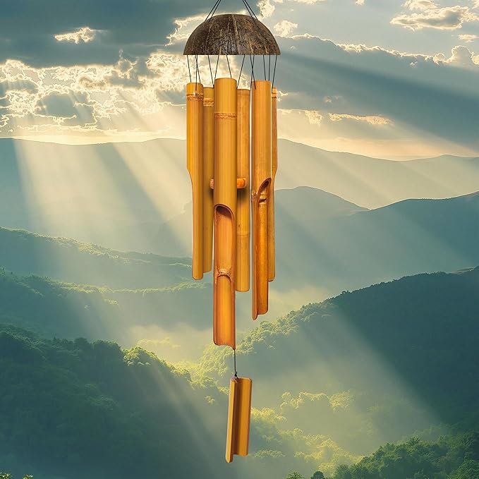 Bamboo Wind Chimes 38" 6 Pipes, Handcrafted Wooden Wind Chime Bring a Unique and Soothing Melody, Wind Chimes for Outdoor and Indoor Decor, for Sympathy, Memorial