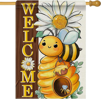 Dyrenson Welcome Spring Summer Bumble Bee 28 x 40 House Flag Double Sided, Daisy Flower Honeycomb Garden Yard Decorations, Farmhouse Honey Floral Burlap Outdoor Decor Decorative Large Flag