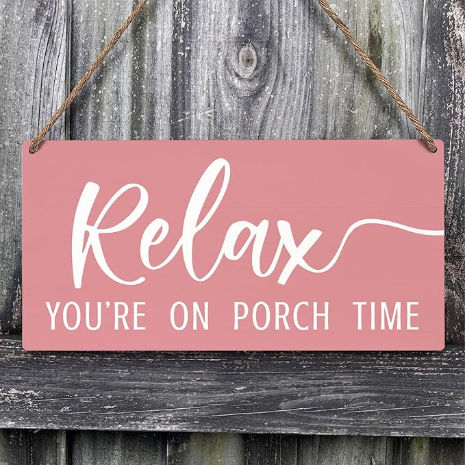 JXREQ Pink Wall Decor Door Sign Relax You're On Porch Time, Front Door Outdoor Porch Wood Hanging Sign for Home Backyard Patio, 12x6 Inch