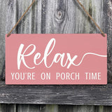 JXREQ Pink Wall Decor Door Sign Relax You're On Porch Time, Front Door Outdoor Porch Wood Hanging Sign for Home Backyard Patio, 12x6 Inch