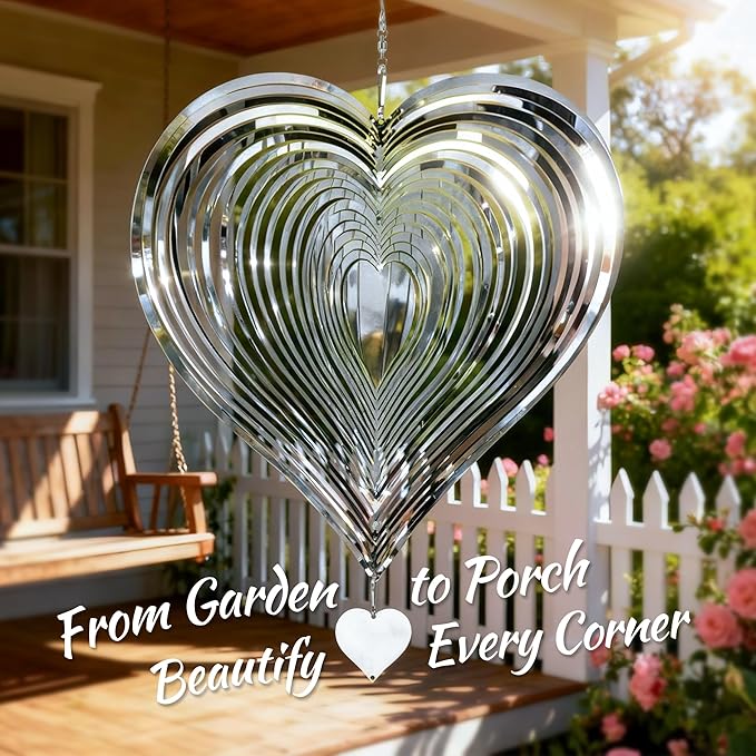 Wind Spinner Garden Decor, for Women, Gifts for Grandma and Mom, 3D Heart 12-Inch Stainless Steel Hanging Yard Spinner for Outdoor & Indoor Metal Decoration, 2 Pack