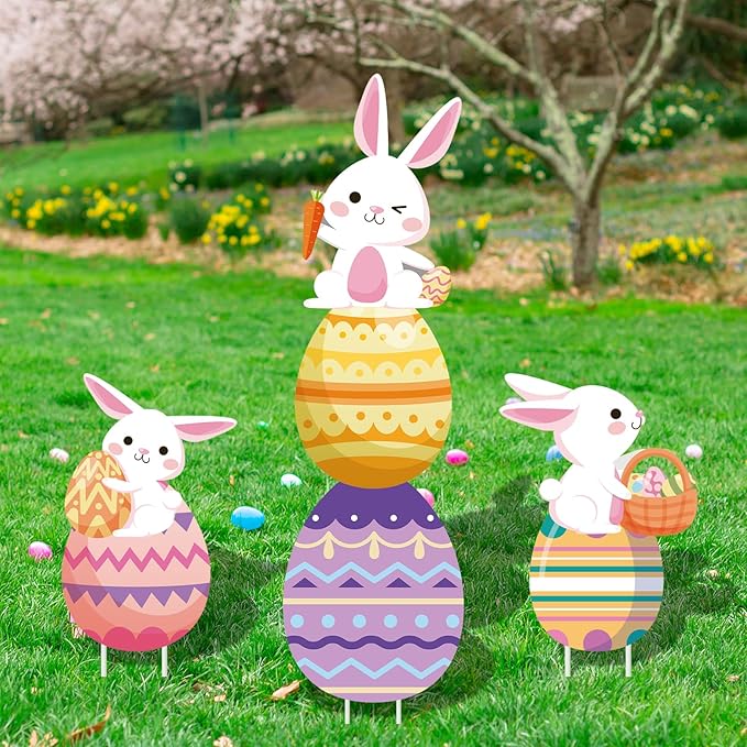 48 Inch Easter Bunny and Egg Yard Signs with Stakes - Large Bunny and Egg Stackable Designs for Outdoor Garden and Lawn Decorations for Easter Day Party Favors, Spring Holiday Celebrations