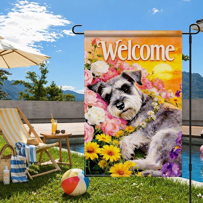 IVN Welcome Dog Garden Flag 12x18 Inch – Floral Puppy Spring Summer Outdoor Flag, Double Sided Burlap Yard Flag for Porch Lawn Patio Decor