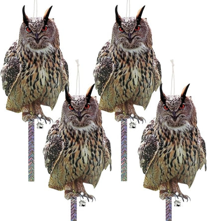 4PCS Plastic Owl to Scare Woodpecker for House Fake Owl to Keep Squirrel Pigeon Away from Outdoor Balcony Flat Garden Owls with Reflective Tape for Tree Patio Porch Outsider Yard Window