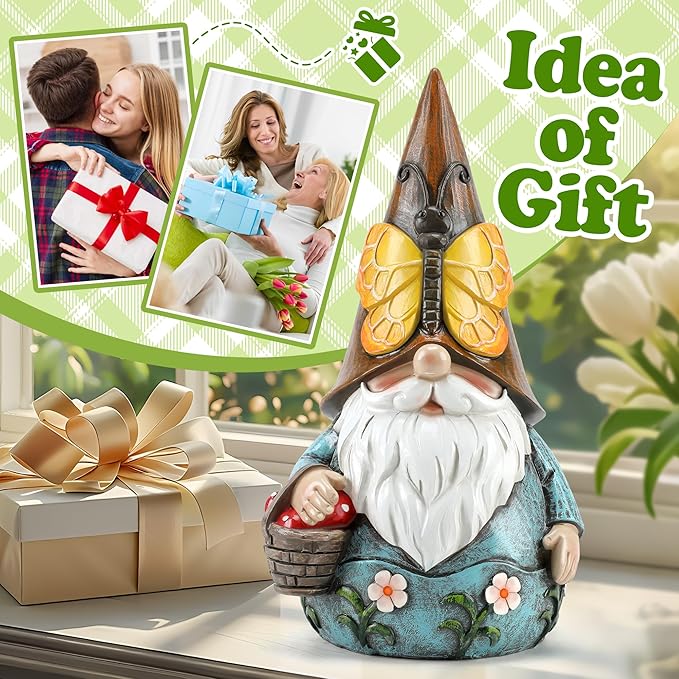 Outdoor Garden Gnome Statue, Butterfly Gnomes Decor Spring Butterfly Figurine, 7.3" Garden Gnomes Sculptures & Statues Outside Yard Lawn Patio Home Decoration, Nomes Gift