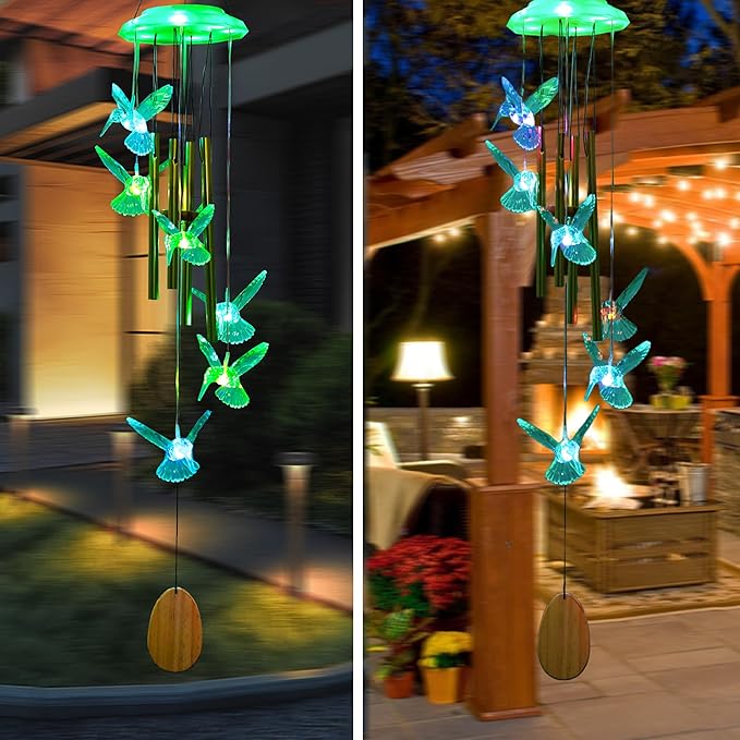 Outdoor Solar Wind Chime Decoration, Mother's Day Birthday Gifts for Grandma, Mom and Family, Outdoor Garden and Courtyard Wind Chime Accessories (Green Hummingbird)