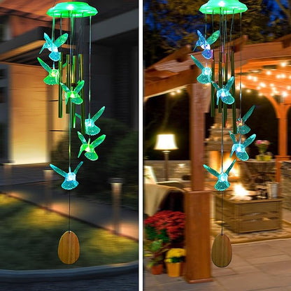 Outdoor Solar Wind Chime Decoration, Mother's Day Birthday Gifts for Grandma, Mom and Family, Outdoor Garden and Courtyard Wind Chime Accessories (Green Hummingbird)