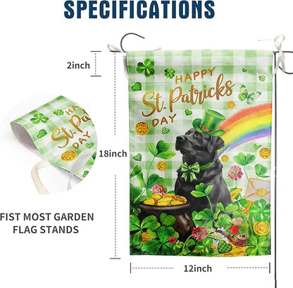 Black Lab St Patricks Day Garden Flag Labrador Dog St Patrick's Day Yard Flags for Outside 12x18 Double Sided Buffalo Plaid Shamrock Flag Small Outdoor Rainbow St Patrick's Decor