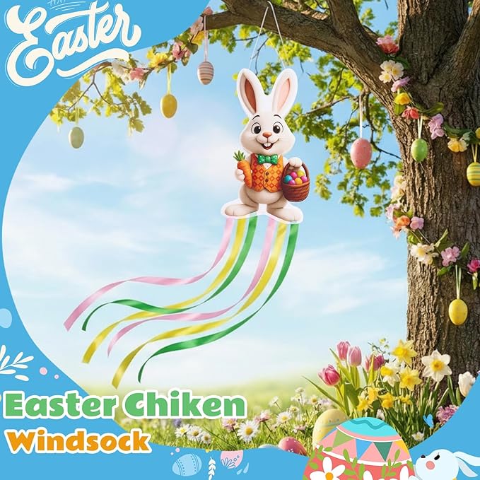 Soulchen Easter Bunny Windsock for Outside 40'' Windsocks for Easter Day Decorations Hanging Bunny for Farmhouse Garden Home Yard Decor
