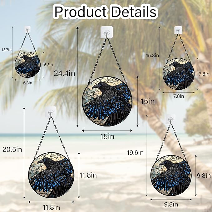 Stained Glass Window Hanging - Black Crow Big Wings Suncatcher for Doors Garden Patio Bird Sun Catchers Decor Christmas Mother's Day Birthday Gifts for Women Men Mom Nana Friend 11.8 in