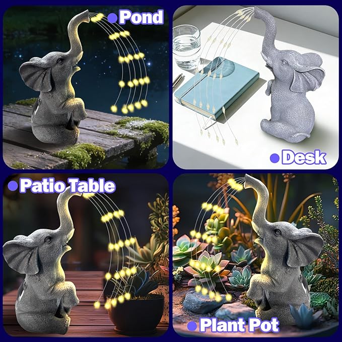 Solar Garden Decor Elephant Statue with LED String Lights, Waterproof Outdoor Decorative Elephant Figurine, Gardening Gifts for Women Mom Grandma, Unique Yard Art for Patio, Balcony, Lawn