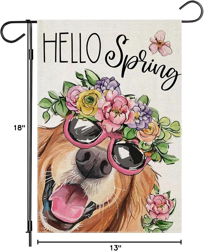 Hello Spring Garden Flags for Outside 12x18 Inch Double Sided, Dog with Flowers Hat Small Yard Decoration, Seasonal Summer Anniversary Wedding Decor for Farmhouse Holiday Outdoor