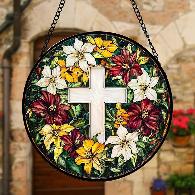 DASTOLL Stained Glass Window Hanging, Cross Flowers Sun Catchers Colorful Glass Panel Christianity Suncatcher Decor for Birthday for Women, Men, Wife, Aunt, and Mom 6.3 in