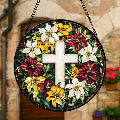 DASTOLL Stained Glass Window Hanging, Cross Flowers Sun Catchers Colorful Glass Panel Christianity Suncatcher Decor for Birthday for Women, Men, Wife, Aunt, and Mom 6.3 in