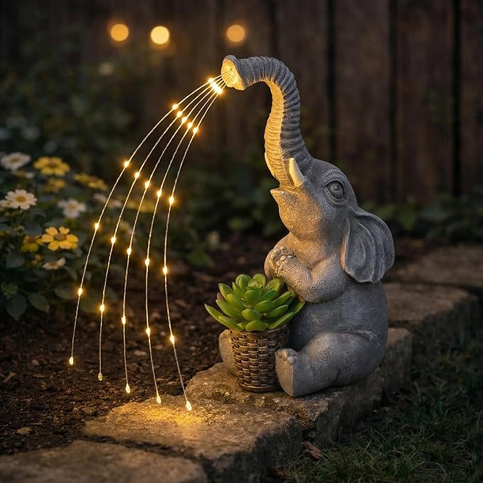 Lyeasw Solar Garden Decor Elephant Statues – Birthday Gifts for Women Mom, Water‑Resistant Watering Elephant Outdoor Decor for Patio, Yard & Porch with Auto On/Off Light, Praying Elephant Ornament