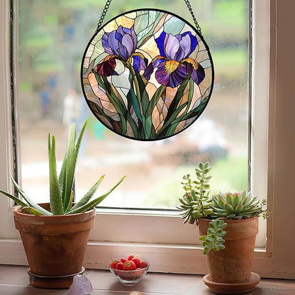 Stained Glass Window Hanging, Purple Blue Iris Birth Flower Suncatcher for Doors Garden Yard Sun Catchers Decor Christmas Mother's Day Birthday Gifts for Teacher Women Mom Nana Wife 9.8 in