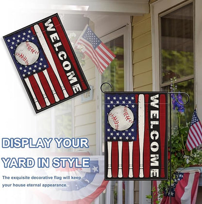 Welcome July 4th Baseball Patriotic Decorative Garden Flag, Red White Bat America USA Independence Day Yard Outside Decorations, Stars American Outdoor Small Home Decor Double Sided 12 x 18