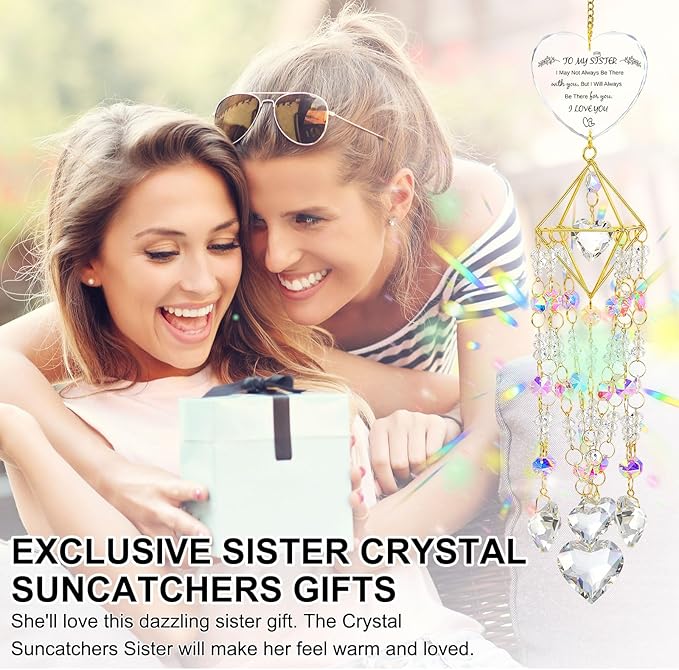 Sisters Gifts from Sister Birthday Gifts for Sister Crystal Suncatchers Window Hanging Wind Chime Garden Rainbow Sun Catchers Indoor Outdoor Decor Handmade Gold Plated Unique Memorial Birthday