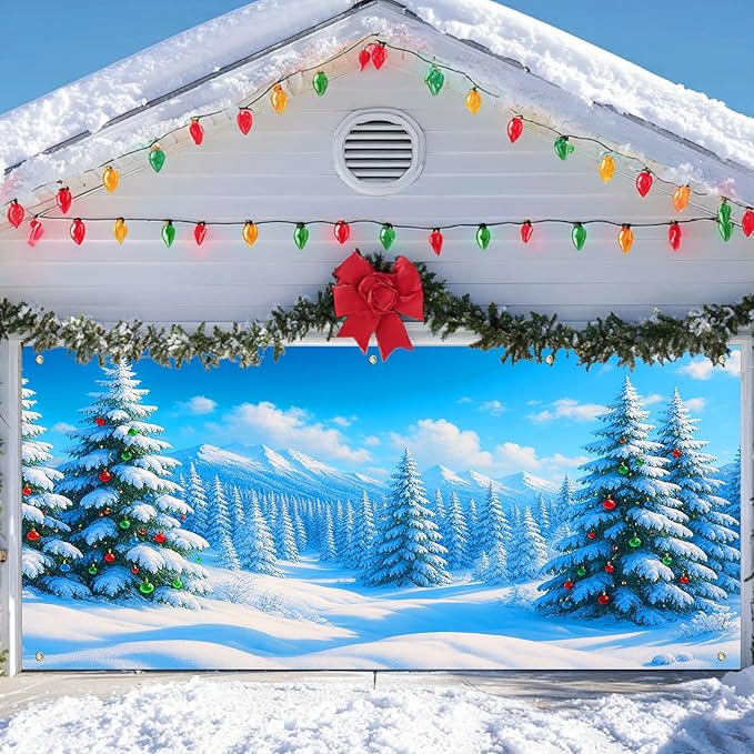 IVN Christmas Garage Door Cover Decoration 13x6ft Snow Covered Pine Trees Blue Mountain Forest Scene Merry Christmas Winter Garage Door Banner Home Door Front Yard Decor for Xmas Eve Holiday Outdoor