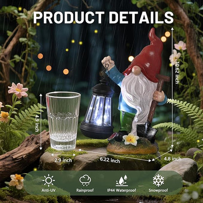 Gnome Garden Decor Statue with Lantern, Solar Gnomes Outdoor Decorations with LED Lights, Lawn Decor Yard Ornament for Patio Balcony, Valentine's Day Birthday Gift for Mom Grandma