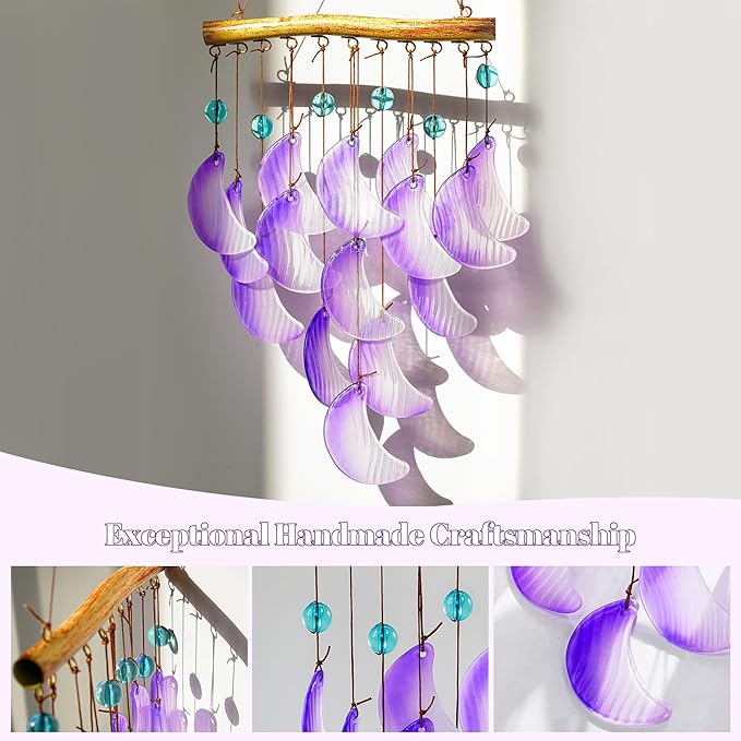 H&D HYALINE & DORA 19" Glass Wind Chimes Hanging for Outside Glass Moon Wind Chimes Garden Outdoor Porch Decor, Windchimes Gift for Women, Mom, Grandma