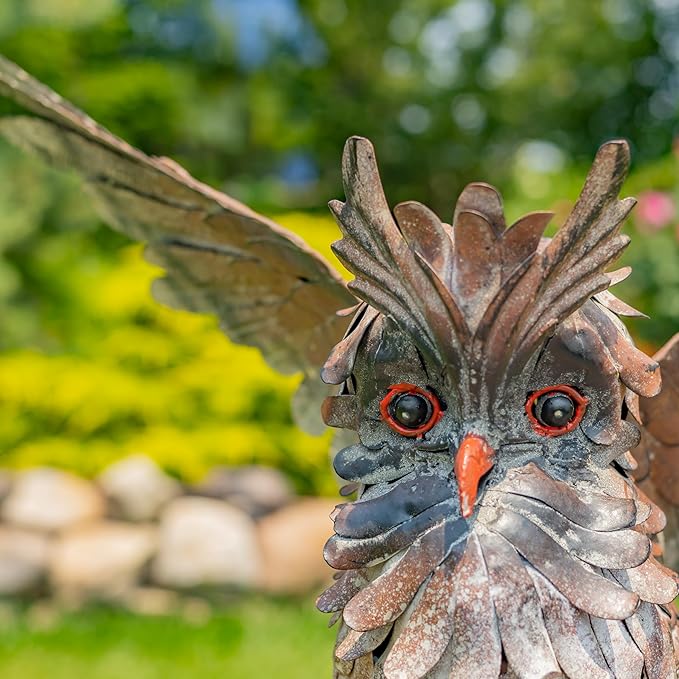Zaer Ltd. Great Horned Owl Metal Garden Accent, Indoor/Outdoor Decor, Hand-Painted Black-Grey Finish (19" Tall Ash)