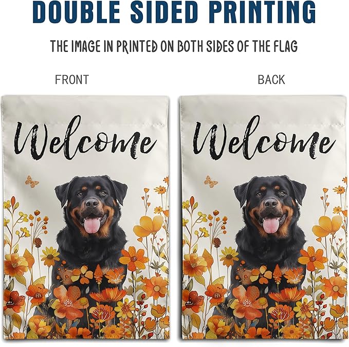 Rottweiler Fall Garden Flag Autumn Dog Yard Sign Orange Floral Thanksgiving Outdoor Banners for Outside 12x18 Double Sided Small Wild Flower Lawn Decorations