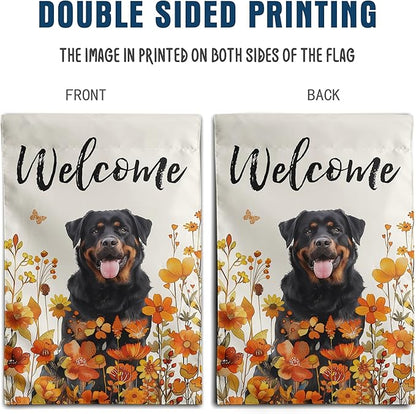 Rottweiler Fall Garden Flag Autumn Dog Yard Sign Orange Floral Thanksgiving Outdoor Banners for Outside 12x18 Double Sided Small Wild Flower Lawn Decorations
