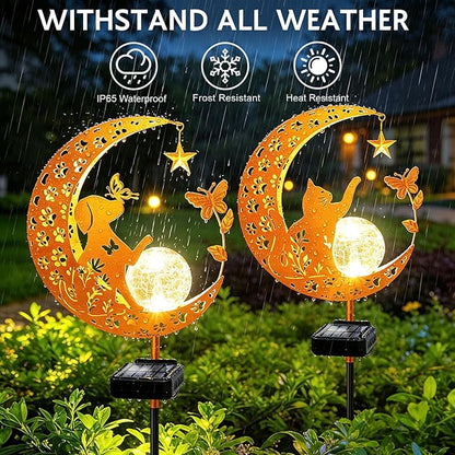 ZNYCYE Solar Garden Decor Outdoor Statue, 2 Pack Moon Fairy Garden Figurines with Cat&Dog Design Birthday Gifts for Mom Women Grandma Solar Stake Lights for Patio, Yard, Lawn, Pathway (Warm White)