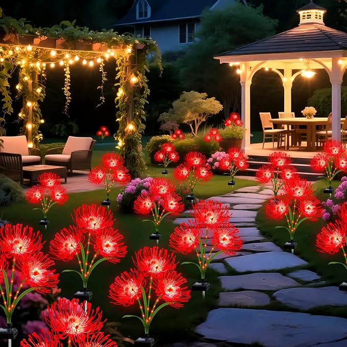 Solar Garden Flower Lights Outdoor, 6 Pack Red Spider Lily with Glowing Stems, Waterproof LED Yard Lawn Pathway Decor, Elegant Patio Garden Decoration, for Mom, Grandma, Women