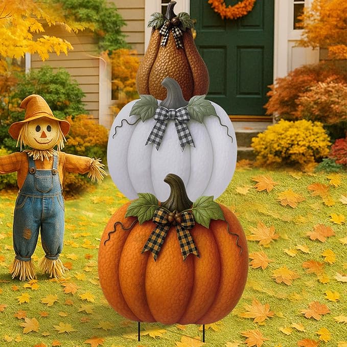 3 Pcs Thanksgiving Metal Stacked Pumpkin Garden Stakes Outdoor 3D Retro Pumpkin Decoration Fall Yard Stakes Lawn Signs Decorative for Autumn Harvest Holiday Pathway Patio Decor