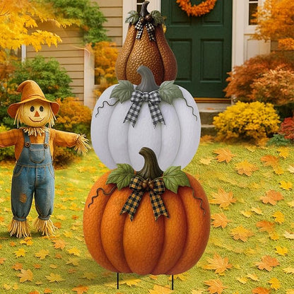 3 Pcs Thanksgiving Metal Stacked Pumpkin Garden Stakes Outdoor 3D Retro Pumpkin Decoration Fall Yard Stakes Lawn Signs Decorative for Autumn Harvest Holiday Pathway Patio Decor
