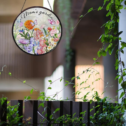 Family Birth Flowers Stained Glass Window Hanging Flower Mom Garden Sun Catcher Decor Gifts for Mom Christmas Suncatchers for Home Windows Hanging Decoration, 7.87inch