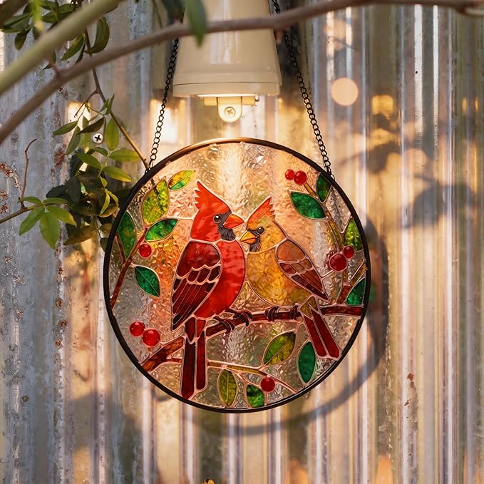 LITIVY Stained Glass Window Hanging – Cardinal Birds on A Branch Suncatcher – Mother’s Day Memorial Gift, 8 Inch Rainbow Maker & Sun Catcher Decor for Windows, Whimsical Gifts for Women