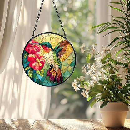 Hummingbird Suncatcher Stained Glass Window Hanging, Hummingbird Flower Sun Catchers Indoor Window Glass Wall Art Decor, Bird Wall Hanging Decor Decorations, 7.9x7.9 Inch 038-MH-BLGH