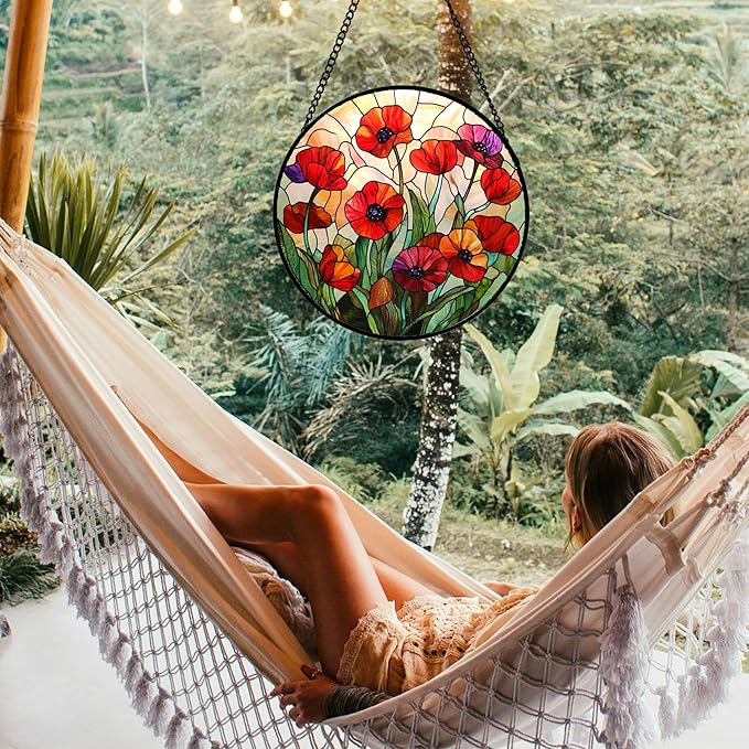 Stained Glass Window Hanging - Poppy Birth Flowers Suncatcher for Door Garden Yard Wildflowers Sun Catchers Decor Christmas Mother's Day Birthday Gifts for Women Mom Nana Friend 11.8 in
