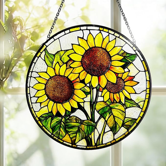 Stained Glass Suncatchers for Windows, 8 in Hanging Sun Catchers Indoor Window, Mother's Day Birthday Gifts for Sunflower Lovers Women Men Mom