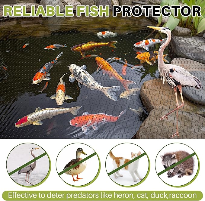 Koi Pond Netting Kit 7 x 10ft, Bird Deer Fence Netting, Durable Net Cover for Leaves, Heavy Duty Fine Mesh, Protect Fish from Blue Heron Birds, Cats & Predators, 12 Pcs Stakes & Ties Included