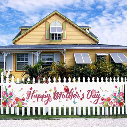 Probsin Large Happy Mother's Day Banner Decorations 120x20 Inch Mothers Day Yard Sign Holiday Hanging Outdoor Decor Tulips Party Supplies for Indoor Outdoor Garden Fence Balcony Welcome Home Decor