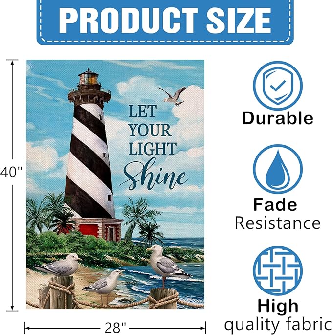 Dyrenson Let Your Light Shine Summer Lighthouse Beach Coastal Decorative House Flag, Ocean Beach Garden Yard Outside Decorations Outdoor Large Decor 28x40