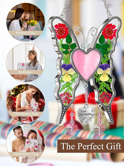 KY&BOSAM Heart Butterfly Suncatcher I Love You Grandma Stained Glass Panels Pink Heart for Windows Wind Chimes Metal Engraved Charm Gifts for Grandma Mothers Day Valentine's Birthday Christmas