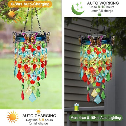 Hanging Solar Lanterns Outdoor Chandelier,Colorful Metal Butterfly with Acrylic Crystal Wind Chimes for Outside,Solar Lights Color Changing LED Outdoor Decorative for Paito,Porch,Yard